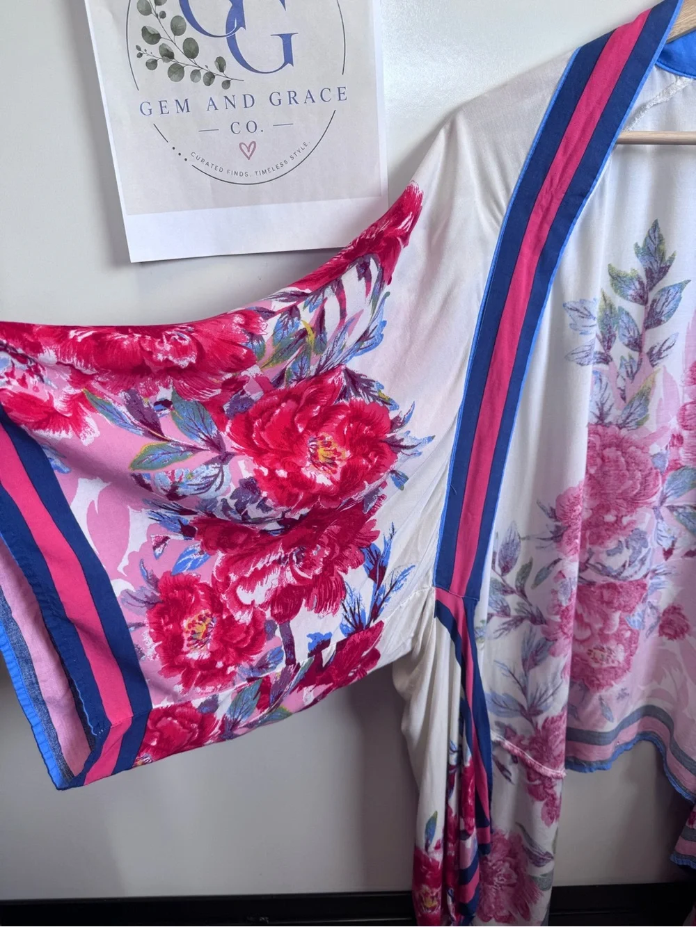 Flying Tomato Cream Kimono Cardigan with Red & Blue Floral Accents